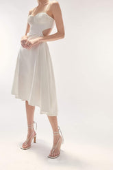 Silk midi dress with pleated bustier, cutout back and adjustable shoulder straps